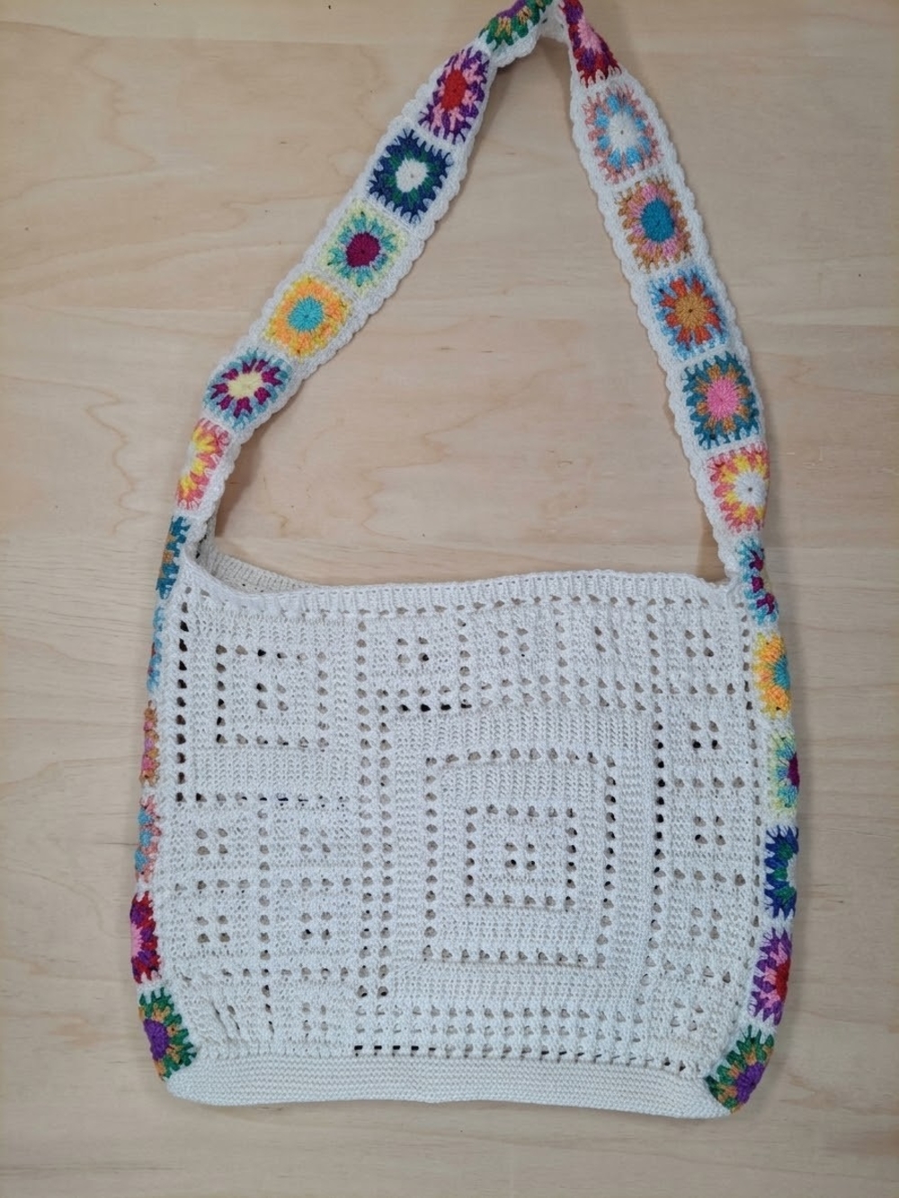 Boho Handmade Cream Crochet Shoulder Bag with Rainbow Floral Border Trim